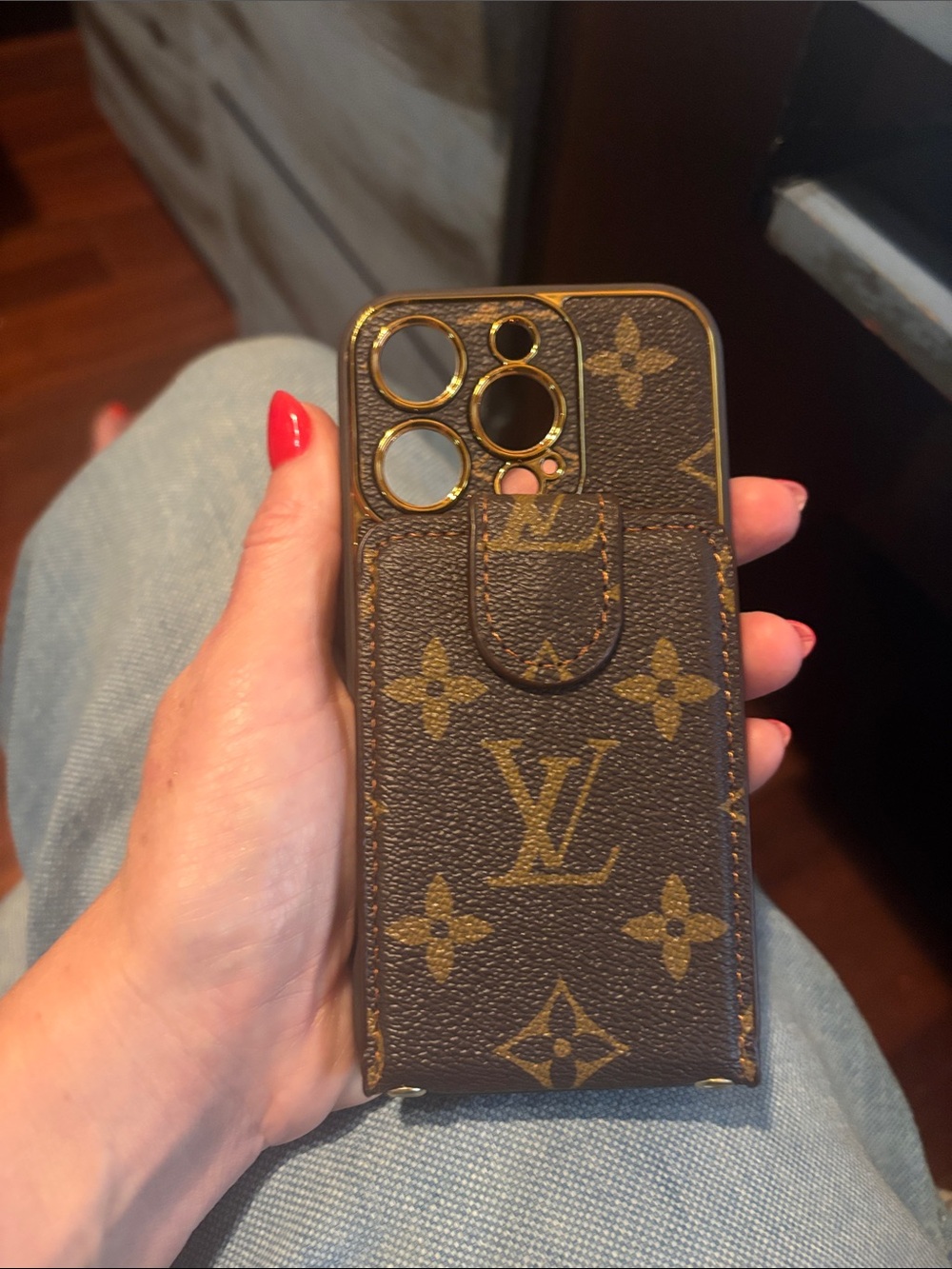 Louis Vuitton Brown Monogram Leather Phone Case with Card Slot and Gold Trim